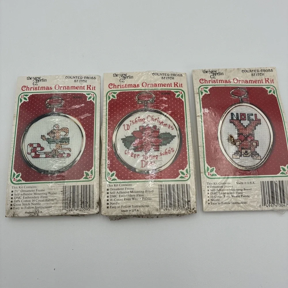 Vintage New Berlin Co Christmas Ornament Cross Stitch Kits Lot of 3 Noel Mouse